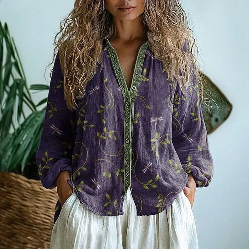 Evelina | Vintage Leaf Print Blouse