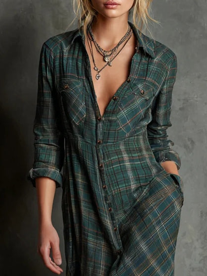 Amélie | Long Plaid-Collar Dress – Effortless Grace in Every Step